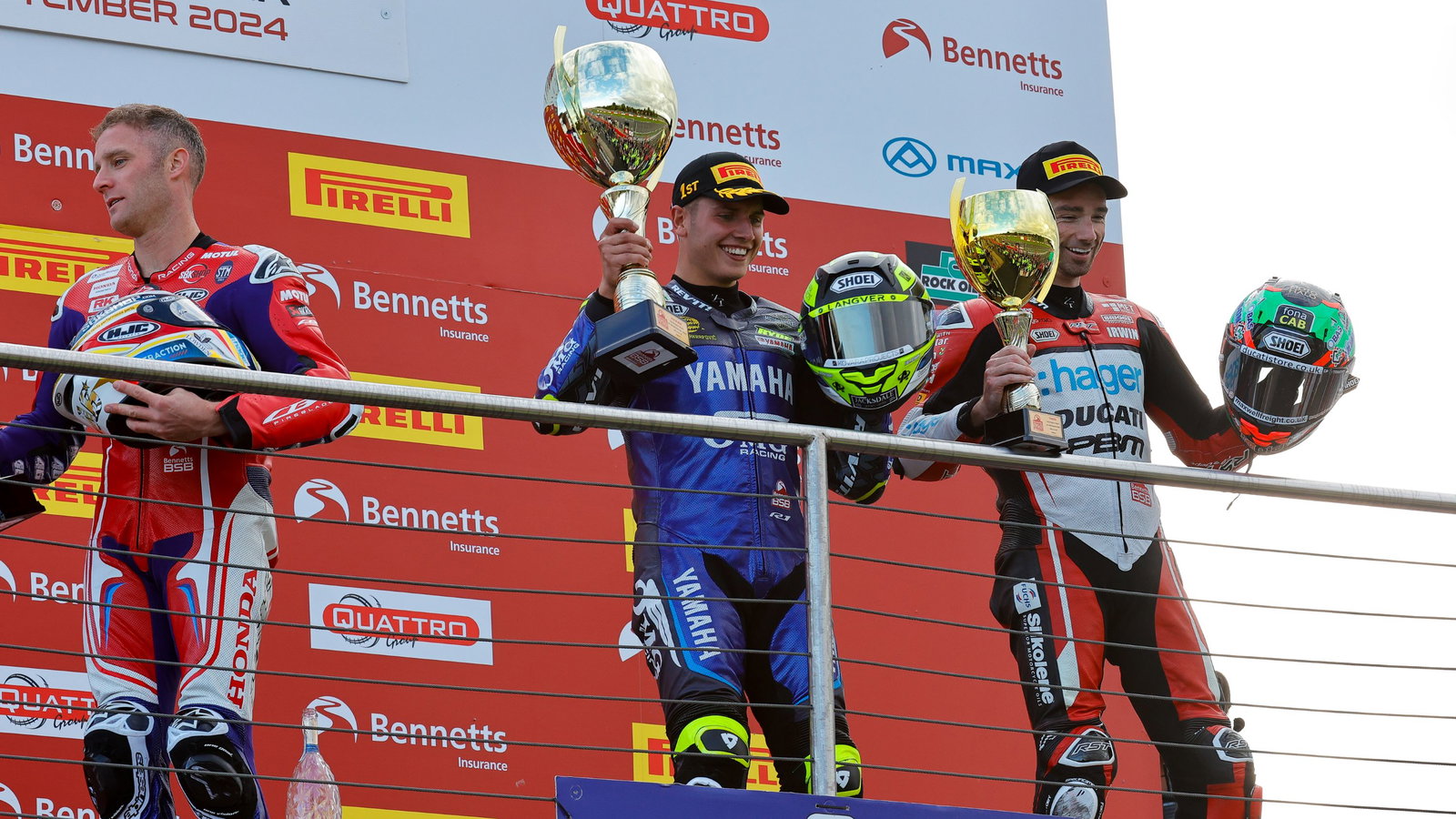 Kyle Ryde, Tommy Bridewell, Glenn Irwin, race 1, podium, BSB, 2024, Donington Park